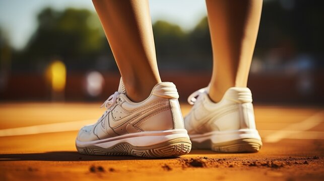 Detailed view of white sneakers on a clay tennis court with sportive connotation