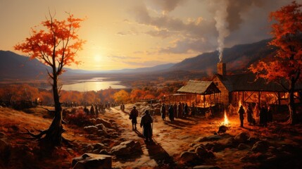 A picturesque autumnal village with people gathering near warm fires as the sun sets over a river
