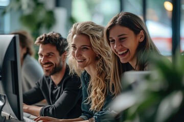 Fototapeta premium Three business people in the office working together