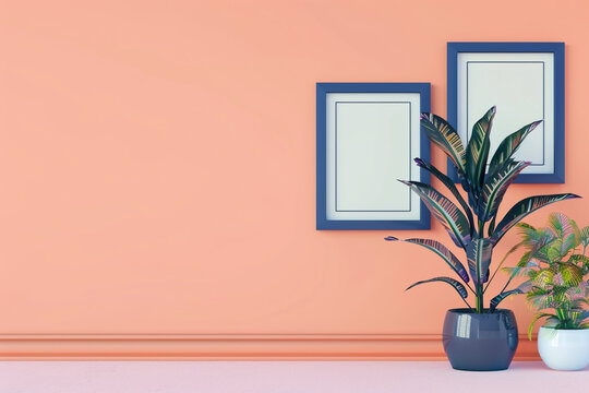 a mock-up featuring two empty posters in navy blue frames on a pastel peach wall.