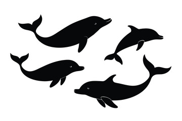 set of Baleen whale black silhouette vector on white background