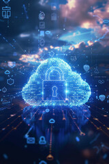 Fototapeta premium A padlock icon hovering in the center with a cloud shape in the background, surrounded by digital shields and encrypted codes, signifying robust cloud security and data protection.