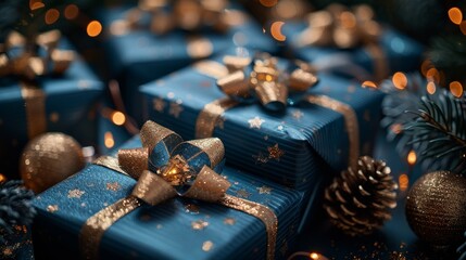 A festive composition of blue gift boxes with golden bows paired with gold baubles and pine cones - Powered by Adobe