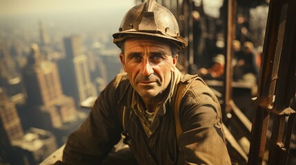 A close-up of a weary construction worker against a blurred cityscape, highlighting his expression and attire