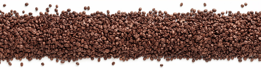 Wide banner with coffee beans arranged in a horizontal line isolated on a white background