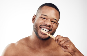Black man, portrait and brushing teeth or toothbrush cleaning for healthy gums, hygiene or white...