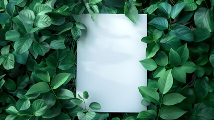 Blank sheet of paper placed on green leaves, symbolising eco friendly and sustainable practices.