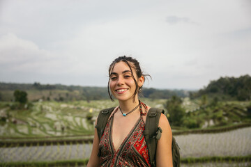 Portrait of a backpacker woman in Bali