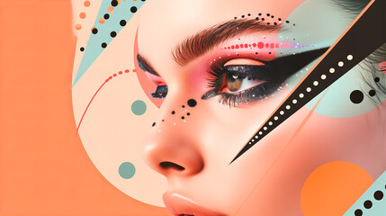 Abstract close-up of a woman's face adorned with vibrant digital artwork and makeup, emphasizing...
