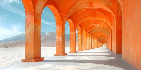 Walkway with orange arches and columns leading to a sunny desert. Concept Outdoor Photoshoot, Architectural Design, Sunny Desert, Pathway, Orange Colors