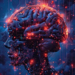 Human brain with digital circuitry and glowing lights, symbolizing artificial intelligence and the future of technology. . Neuromorphic concept