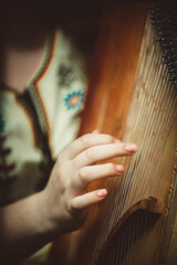 hands on the strings of a musical instrument close-up