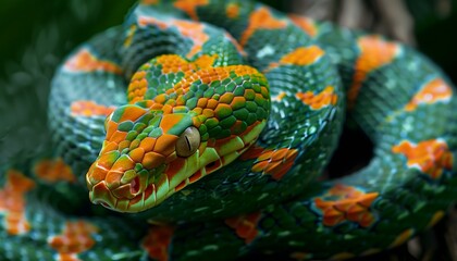 Fototapeta premium Vibrant Green and Orange Snake in Jungle