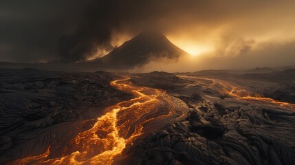 Majestic Volcanic Eruption at Dusk: A Riveting Display of Nature’s Power. Generative AI