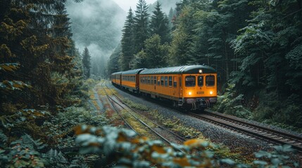 A vivid orange passenger train moves elegantly through a lush green forest landscape, symbolizing travel and discovery - Powered by Adobe
