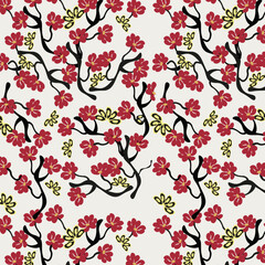 Cartoon blossom of red flowers. Seamless pattern