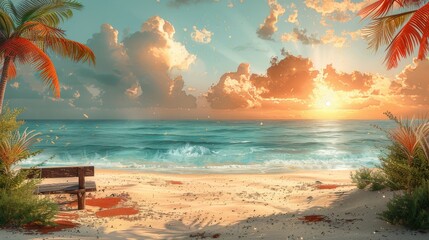 Scenic Beach Sunset: Palm Trees, Wooden Bench, and Vibrant Ocean Waves with Golden Clouds, Perfect for Copy Space


