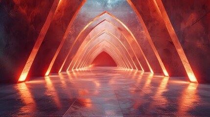 A futuristic triangular corridor lined with reflective surfaces and atmospheric neon light strips leading to the distance