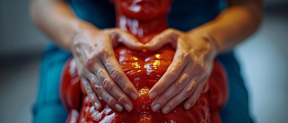 Close-up of hands performing CPR on a mannequin, medical training setting, space for text, emphasizing hands-on emergency training - Powered by Adobe