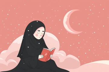 Muslim girl wearing a black hijab reading a book with a pastel pink background and a simple moon shape