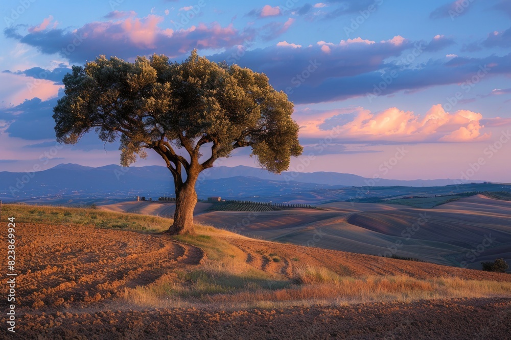 Poster A single tree standing tall in a vast field with rolling hills in the background. Ideal for nature and landscape themes
