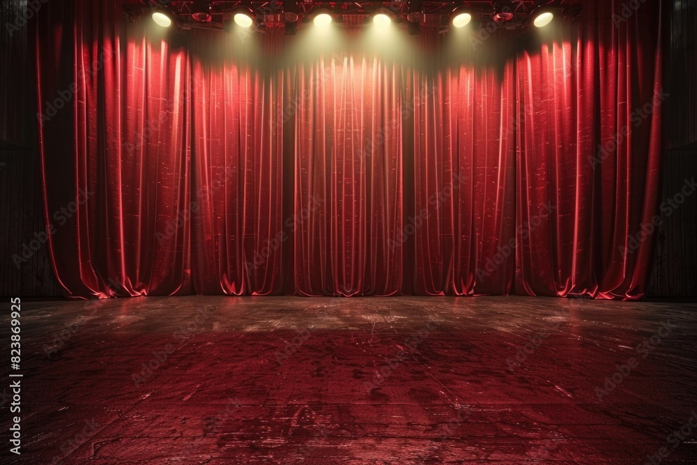 Poster a stage set up with a red curtain and bright spotlights. ideal for theater or event promotions