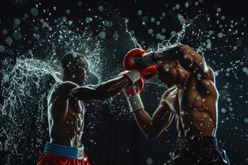 Two men fighting in the water with boxing gloves. Suitable for sports and competition concepts.