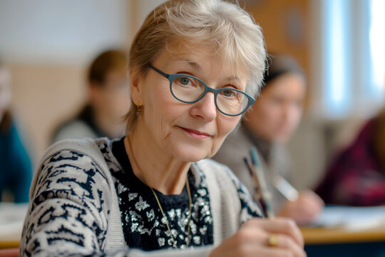 A mature woman is seen studying in an adult education class, embodying the spirit of lifelong learning. This image emphasizes the importance of education for all ages and stages of life