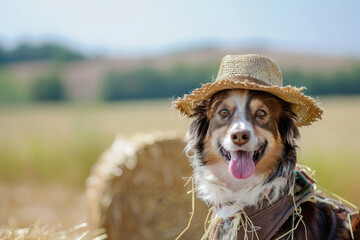 Happy Dog in Straw Hat on Farm. A happy dog wearing a straw hat, sitting in a sunny farm setting with hay bales in the background.