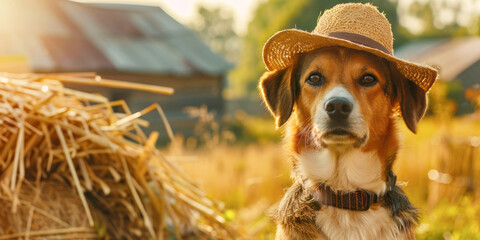 Dog Wearing Straw Hat in Farm Setting. A dog wearing a straw hat, sitting in a sunny farm setting with haystacks and a barn in the background.