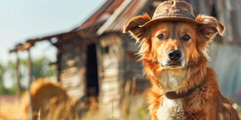 Dog Wearing A Hat in Farm Setting. A dog wearing a hat, sitting in a sunny farm setting with haystacks and a barn in the background.