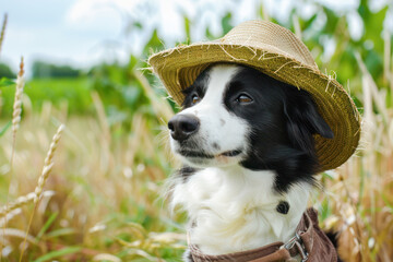 Dog with Straw Hat in Wheat Field. A dog wearing a straw hat, sitting in a wheat field on a sunny day.