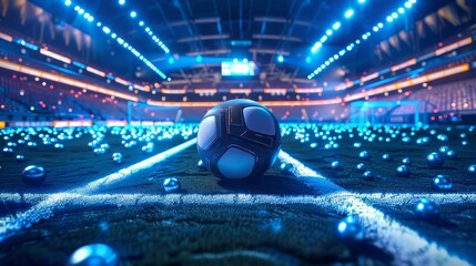 A closeup of a football in the center of a futuristic indoor soccer field