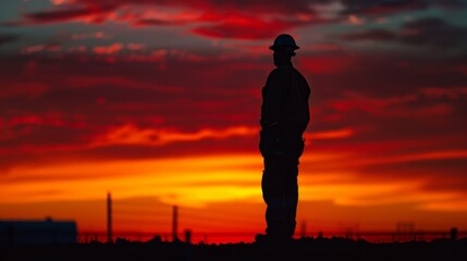Fototapeta premium As the day comes to an end the silhouette of a construction worker stands out against the intense colors of the setting sun a symbol of perseverance.