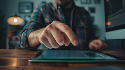 man using his tablet touching the screen with fingers, digital work concept