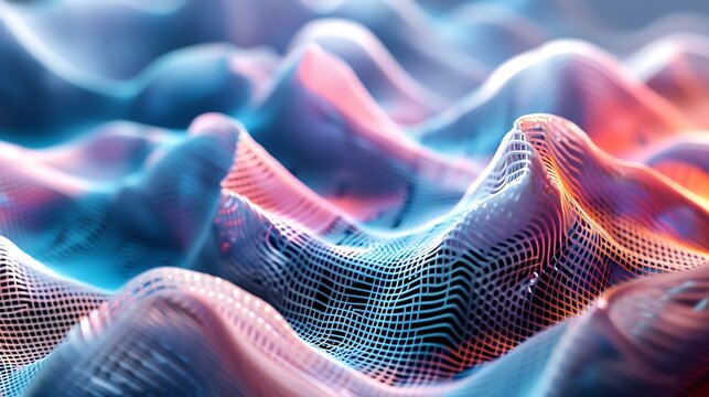 3D rendering of a detailed pink and blue mountain landscape with a soft focus.