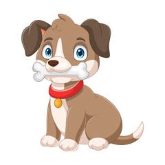 Cute little dog cartoon biting the bone