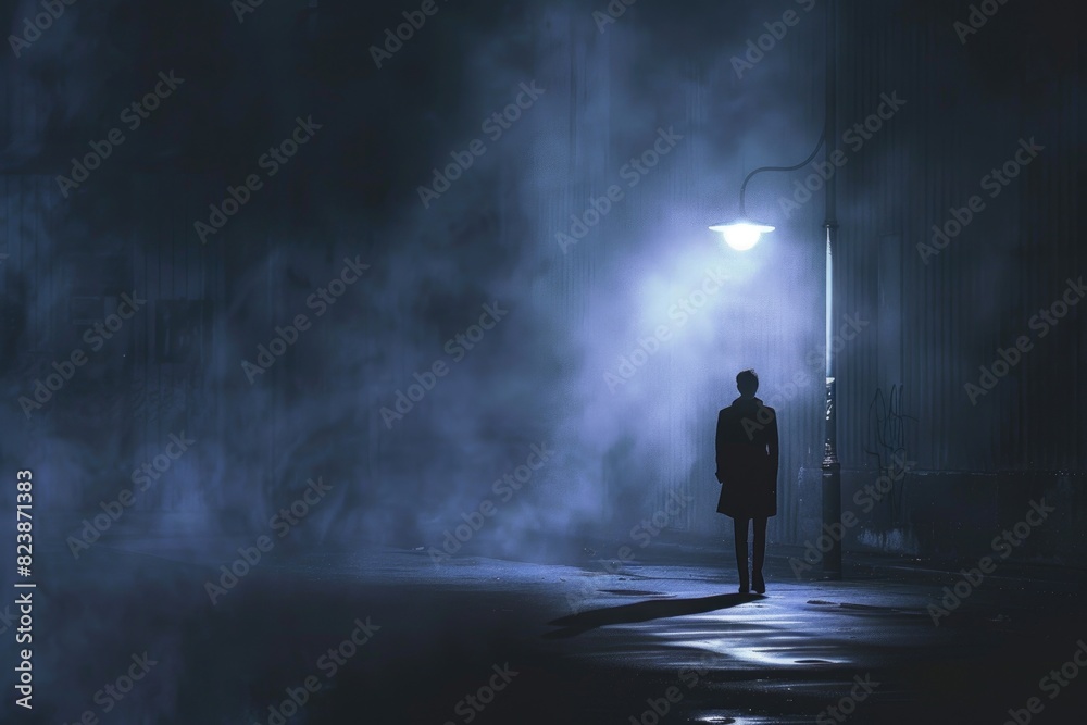 Poster a person standing in the dark with a street light in the background. suitable for illustrating lonel