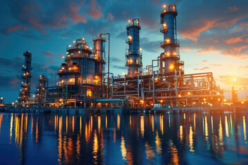 Fototapeta premium An illuminated oil refinery at dusk, reflecting on the water under a dramatic sky.