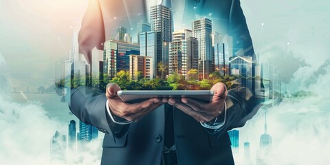 Real estate agent holding an iPad with buildings and cityscape holograms.
