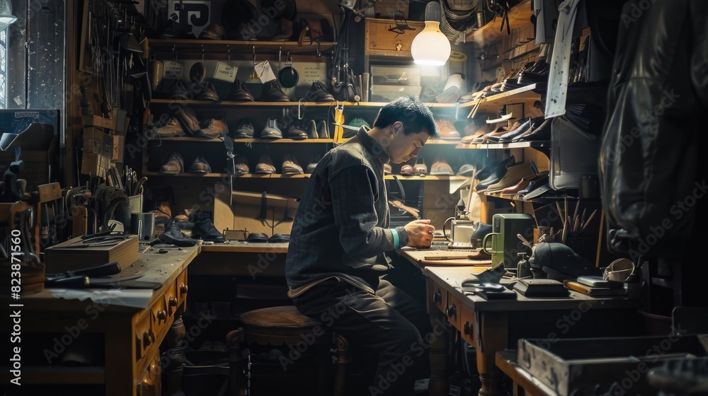 Poster a man sitting at a table working on a piece of wood. suitable for woodworking or carpentry projects