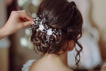 bride getting elegant hairstyle before wedding ceremony professional hairstylist preparing beautiful young woman