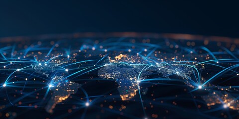 Blue digital background with an abstract map of the world., Abstract world map on a blue digital background, showcasing connectivity and technology.
