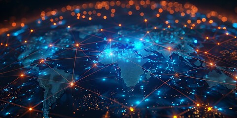 Obraz premium Blue digital background with an abstract map of the world., Abstract world map on a blue digital background, showcasing connectivity and technology.