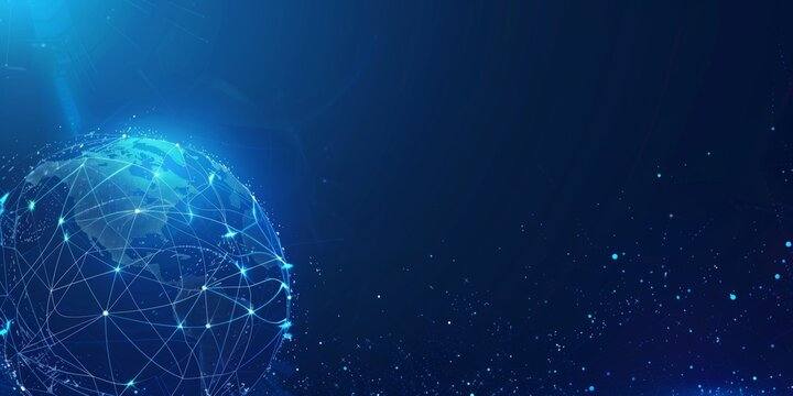 Blue digital background with an abstract map of the world., Abstract world map on a blue digital background, showcasing connectivity and technology.