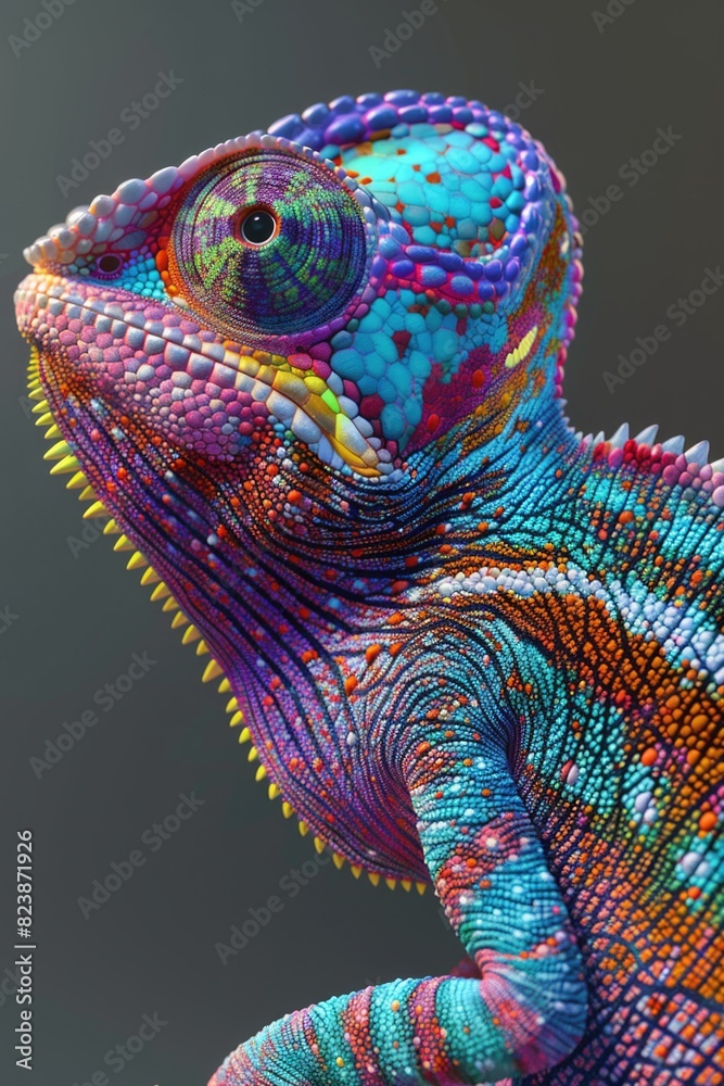 Poster a vibrant chameleon perched on a tree branch. suitable for nature and wildlife themes