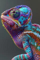 A vibrant chameleon perched on a tree branch. Suitable for nature and wildlife themes