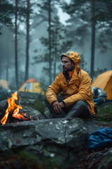 Obraz premium one man camper sit in front of fire in nature camping in forest