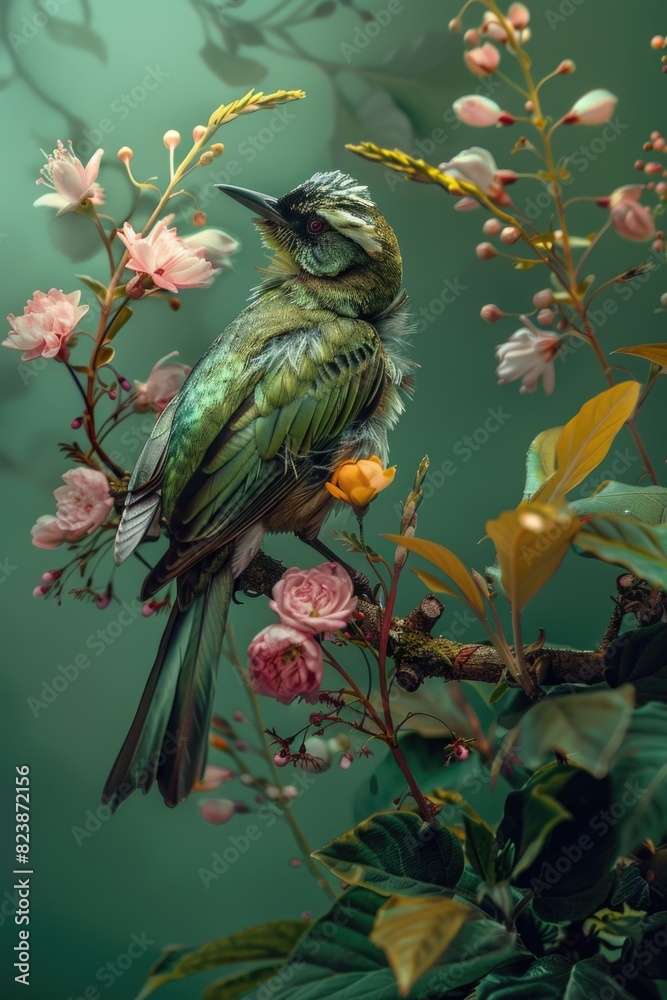 Poster a bird perched on a tree branch, suitable for nature themes