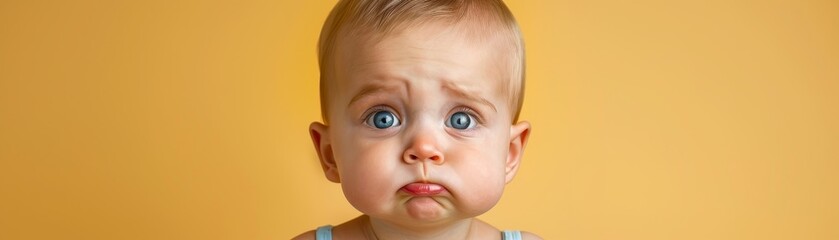 A giggling baby with a comical face stands alone against a soft pastel yellow backdrop
